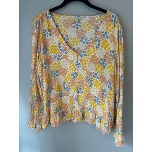 Lucky Brand Yellow/Orange Floral Daisy Print LS V Neck Ruffle Peasant Top Large